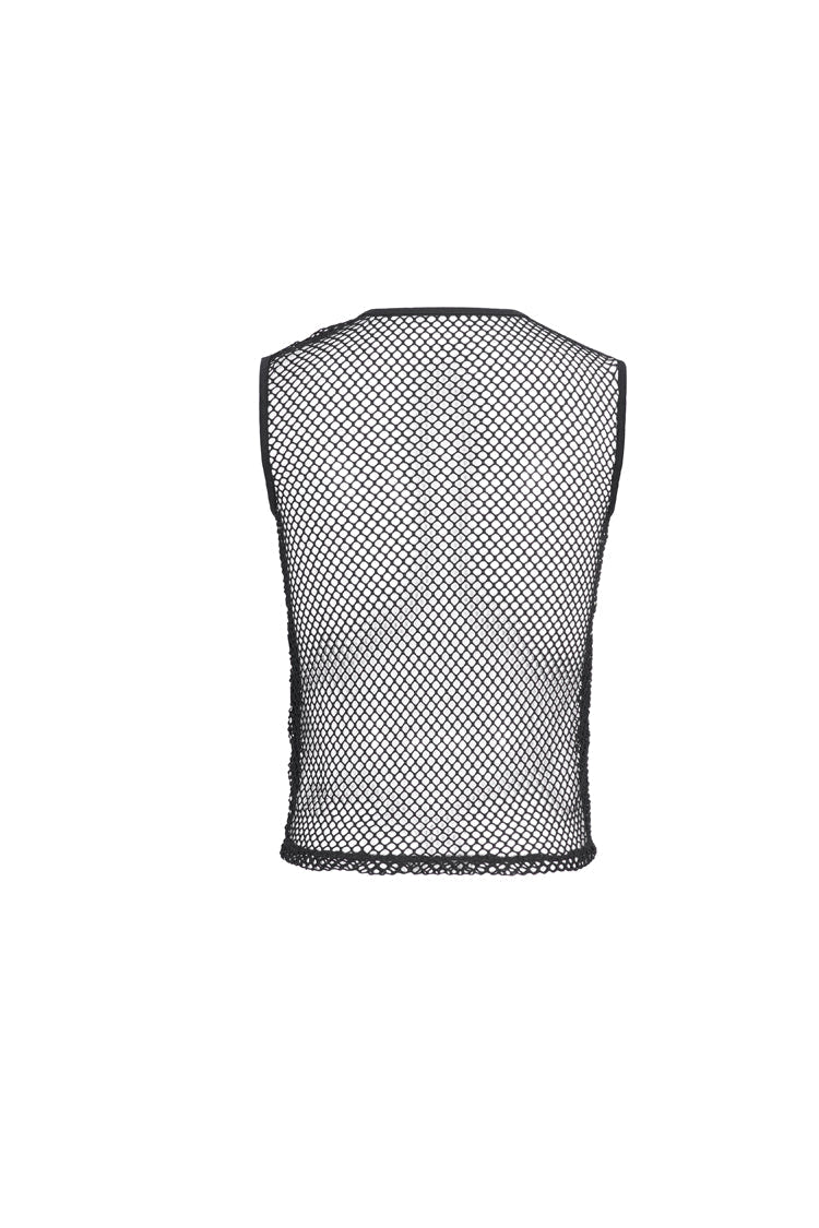 Black Round Collar Mesh Men's Gothic Vest - Product - 7