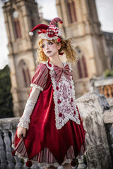 Red [Letters and Poems · Doll Mask] Poker Clown Long Sleeves Ruffled Bow Gothic Lolita Dress Set - Product - 3