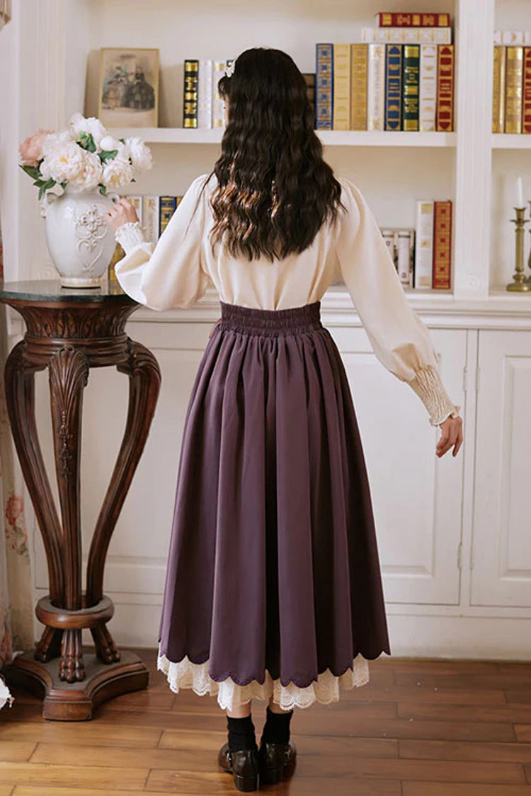 Solid Color High Waisted Lace Wave Hem Two Pieces Classic Lolita Dress - Product - 4