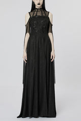 Black Off Shoulder Print Stitching Irregular Mesh Women's Gothic Dress - Black - 1
