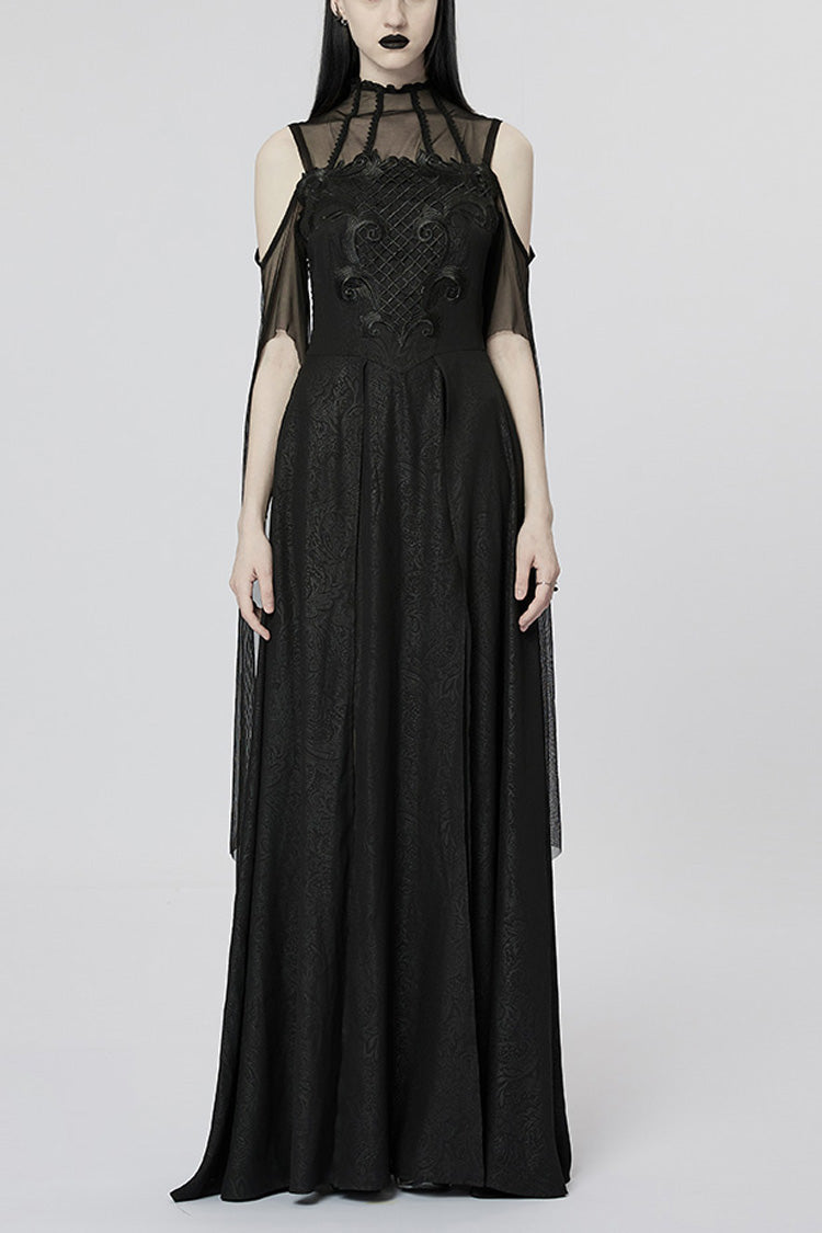 Black Off Shoulder Print Stitching Irregular Mesh Women's Gothic Dress - Black - 1