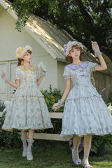 [Breezy Summer Blossoms] Peter Pan Collar Short Sleeves Jacquard Printed Ruffled Embroidered Bow Sweet Lolita Dress 2 Colors (Yellow, Purple) - Product - 10