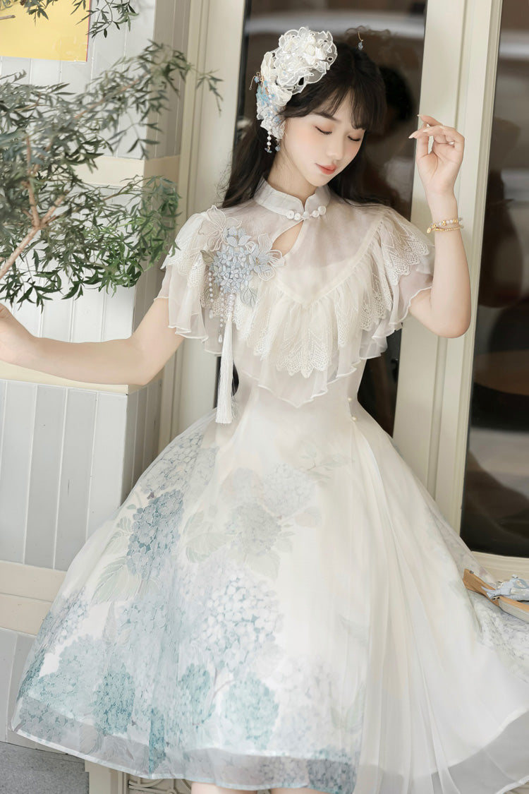 White [Hydrangea Message] Short Sleeves Print Ruffle Lace Sweet Chinese Style Elegant Lolita Short Dress - Product - 14