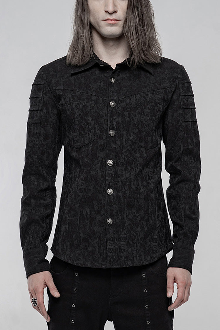 Black Long Sleeve Jacquard Front Metal Skull Button Men's Punk Shirt - Black - 1