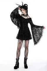Black Off Shoulder Long Trumpet Sleeves Velvet Spliced Mesh Women's Gothic Graduation Dress - Product - 6