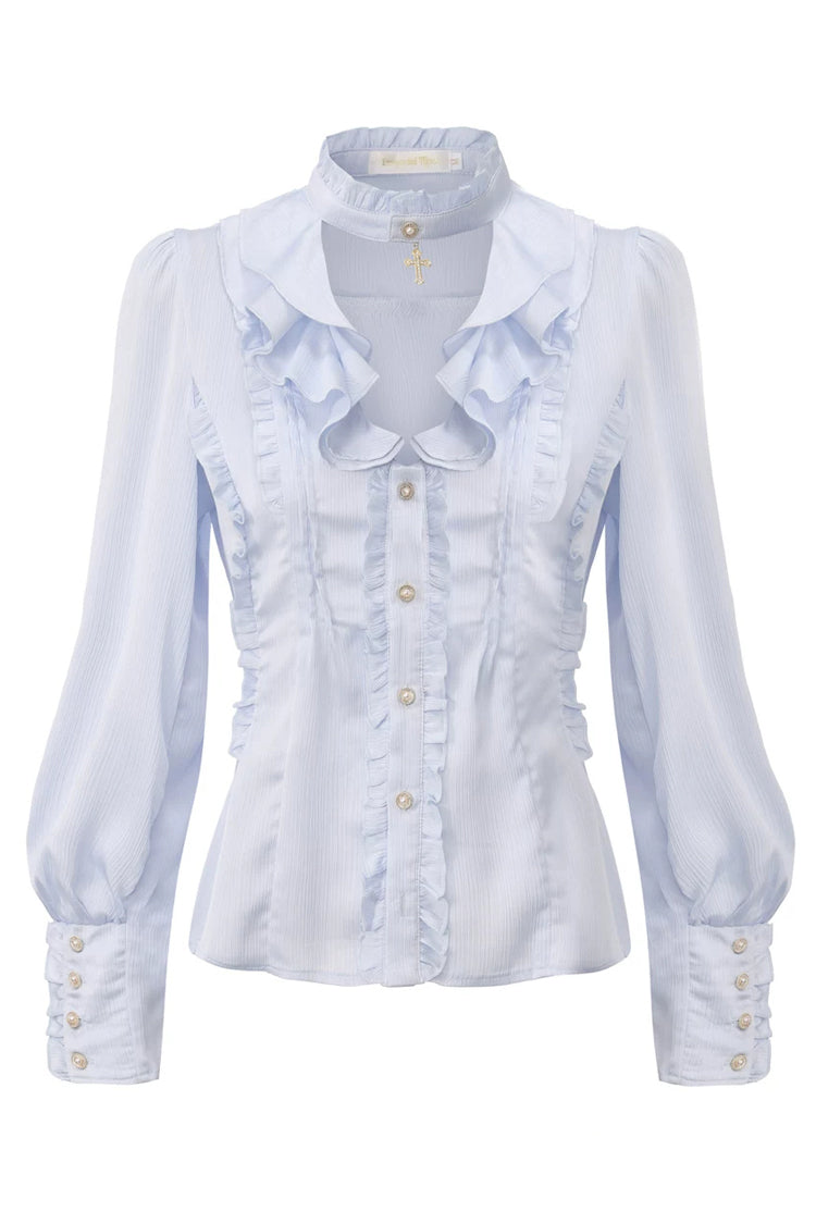 [The Rabbit’s Invitation] Long Sleeves Ruffled Classic Vintage Elegant Prince Palace Ouji Lolita Set - Blue-Blouse(Only) - 17