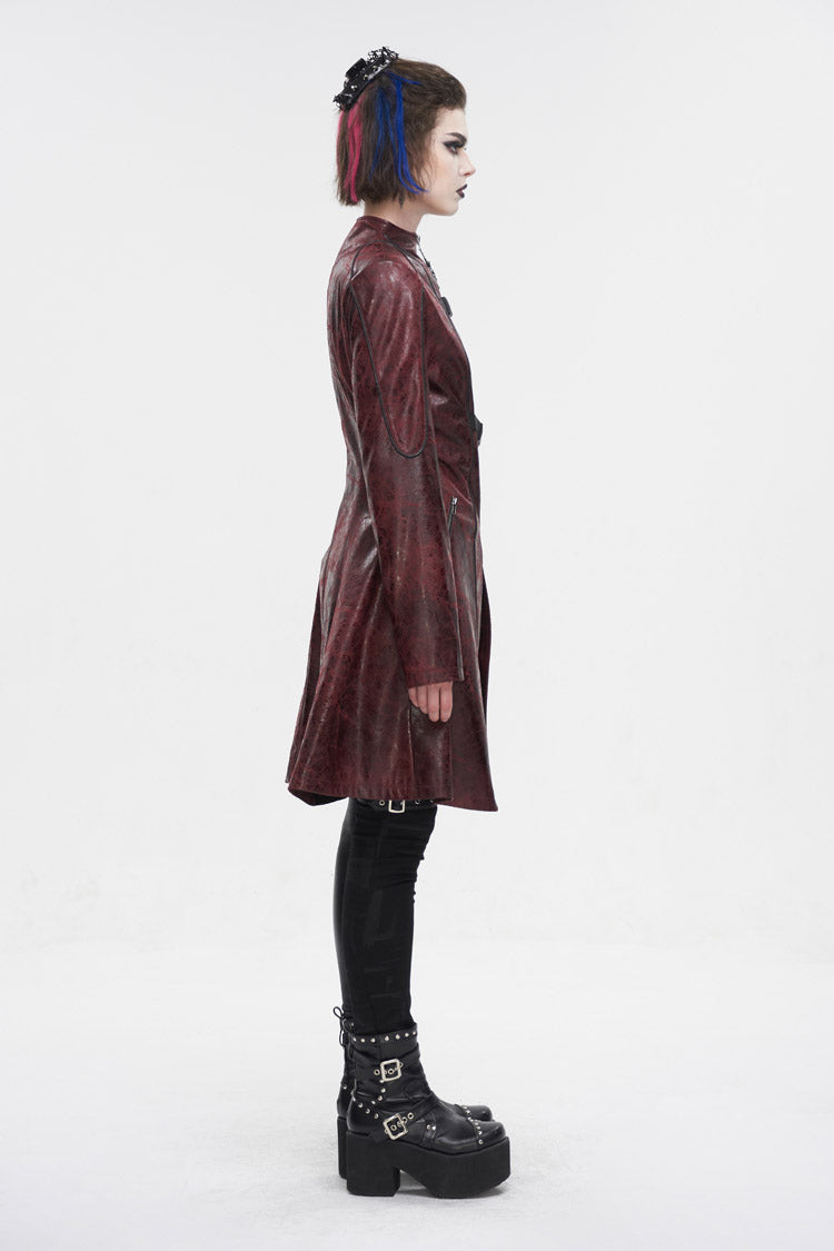 Red Double Buckle Faux Leather Long Women's Punk Coat - Product - 7