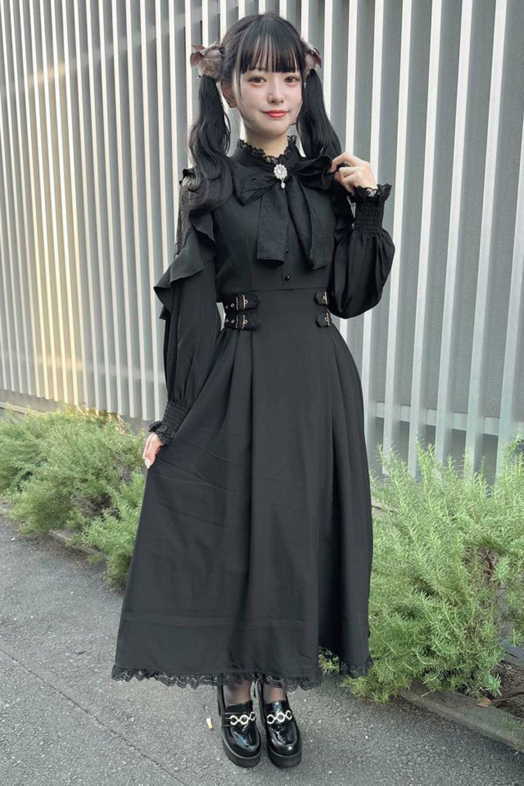 Black Stand Collar Off Shoulder Long Sleeves Hollow Bowknot Slim Jirai Kei Japanese Dress - Black - 1