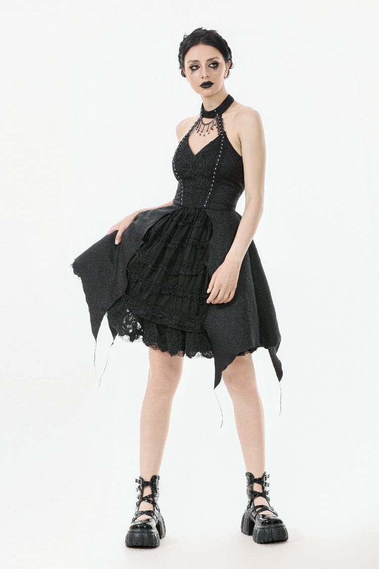 Black Off Shoulder Halterneck Sleeveless Lace Lace-Up Women's Gothic Party Dress - Product - 8