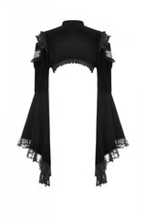Black Ruffled Lace Long Trumpet Sleeves Floral Sheer Mesh Spliced Velvet Women's Gothic Cape - Product - 16