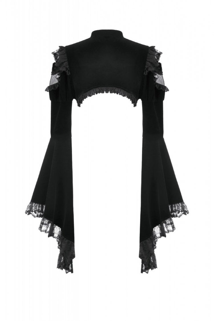 Black Ruffled Lace Long Trumpet Sleeves Floral Sheer Mesh Spliced Velvet Women's Gothic Cape - Product - 16