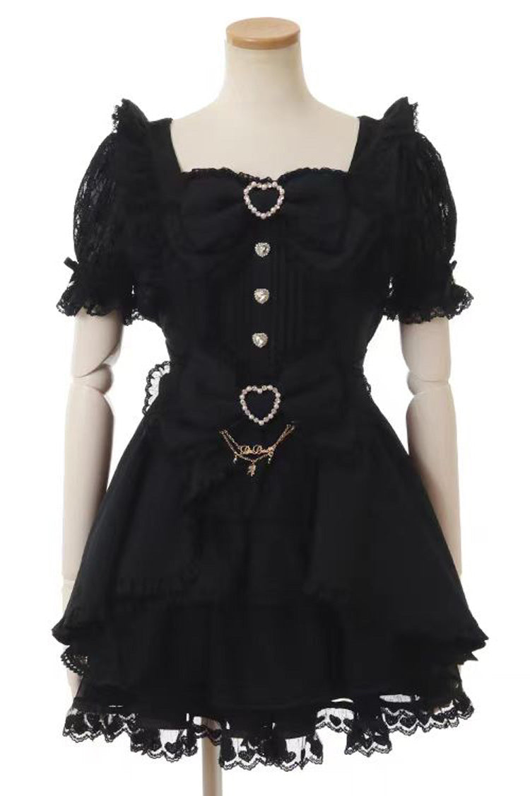 Sweet Jirai Kei Square Collar Short Sleeves Ruffle Bowknot Lace Japanese Dress Set 3 Colors - Black - 8