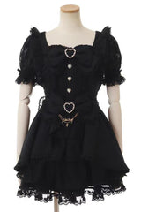 Sweet Jirai Kei Square Collar Short Sleeves Ruffle Bowknot Lace Japanese Dress Set 3 Colors - Black - 8