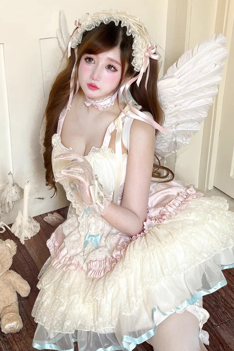 Pink/Beige [Sweet Dream Peach] Sleeveless Multi-Layered Ruffle Bowknot Lace Sweet Ballet Lolita Jsk Dress - Product - 10