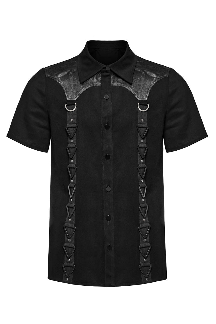 Black Lapel Collar Short Sleeves Stitching Men's Punk Blouse - Product - 5