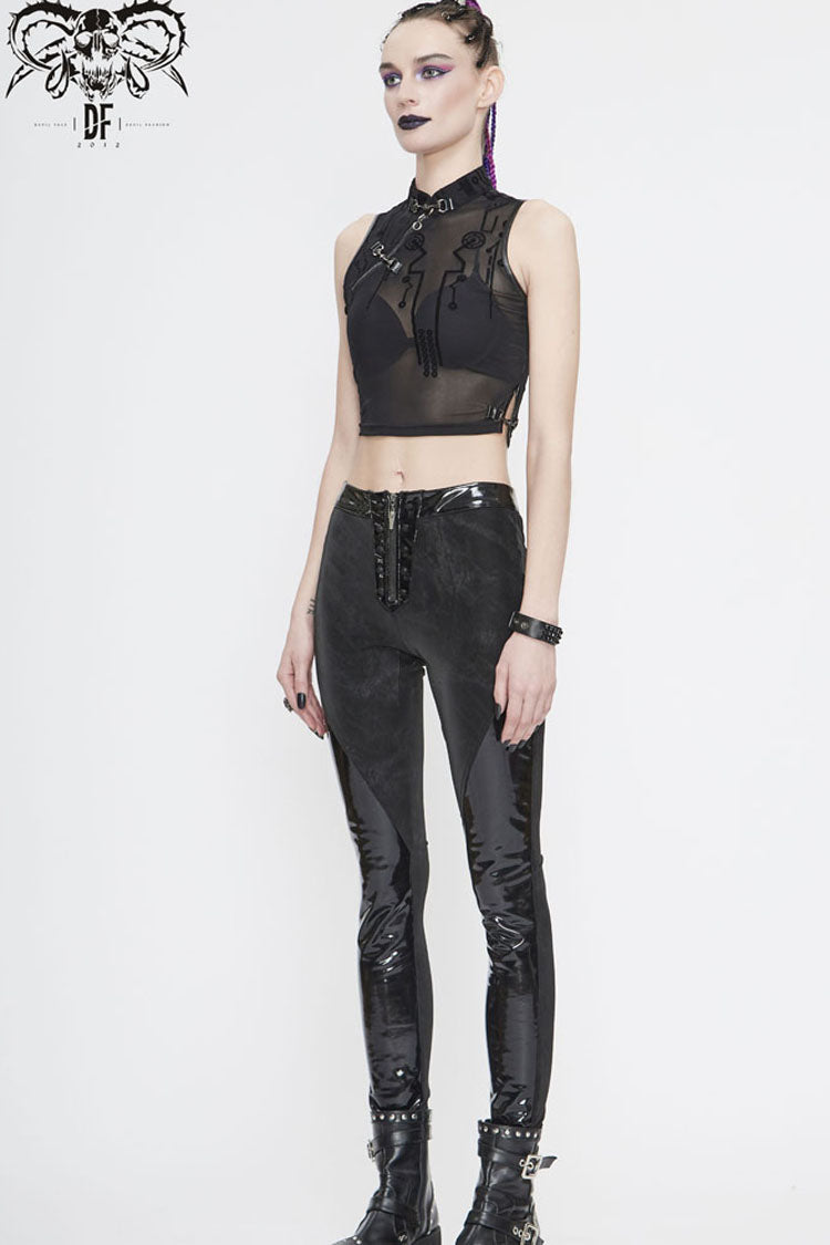 Black Stand Up Collar Sleeveless Flocked Printed Mesh Metal Women's Punk Vest - Product - 9