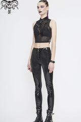Black Stand Up Collar Sleeveless Flocked Printed Mesh Metal Women's Punk Vest - Product - 9