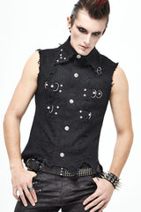 Black Worn Out Twill Mesh Decoration Rough Selvedge Hem Heavy Metal Men's Punk Waistcoat - Product - 2