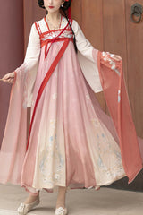 Pink Trumpet Sleeves High Waisted Print Embroidery Sweet Chinese Style Hanfu Dress Full Set - Pink - 1