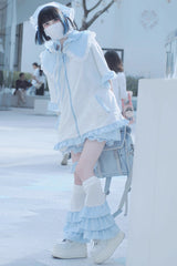 White/Blue Heart Signal Half Sleeves Plaid Print Hooded Sweet Jirai Kei Japanese Coat - Product - 3