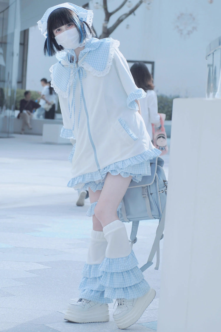 White/Blue Heart Signal Half Sleeves Plaid Print Hooded Sweet Jirai Kei Japanese Coat - Product - 3