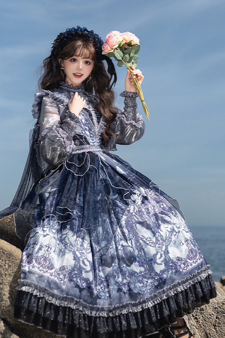 Blue [Angel Garden] Print Ruffle Bowknot Asymmetric Classic Elegant Lolita Jsk Dress - Product - 6