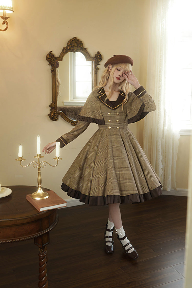 Brown [Baker Street Stories] Stripe Print Ruffle Fake Two Pieces British College Style Classic Lolita Dress - Product - 6