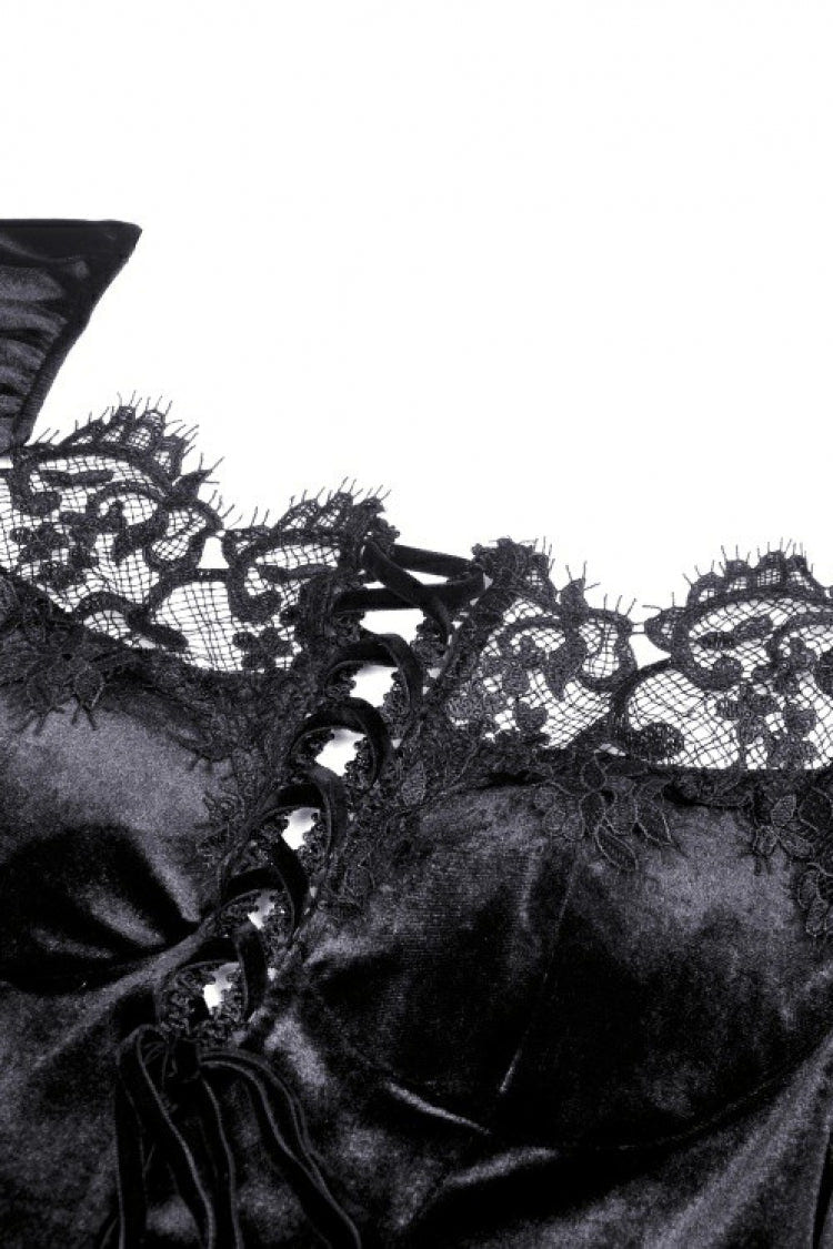 Black Long Puff Sleeves Spliced Lace Lace-Up Women's Gothic Vintage Velvet Wedding Dress - Product - 13