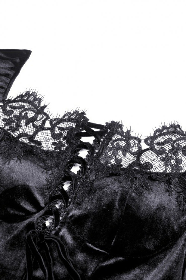 Black Long Puff Sleeves Spliced Lace Lace-Up Women's Gothic Vintage Velvet Wedding Dress - Product - 13