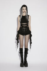 Black Sleeveless Spliced Slim Mesh Eyelet Women's Punk Cool Hooded Vest - Product - 2