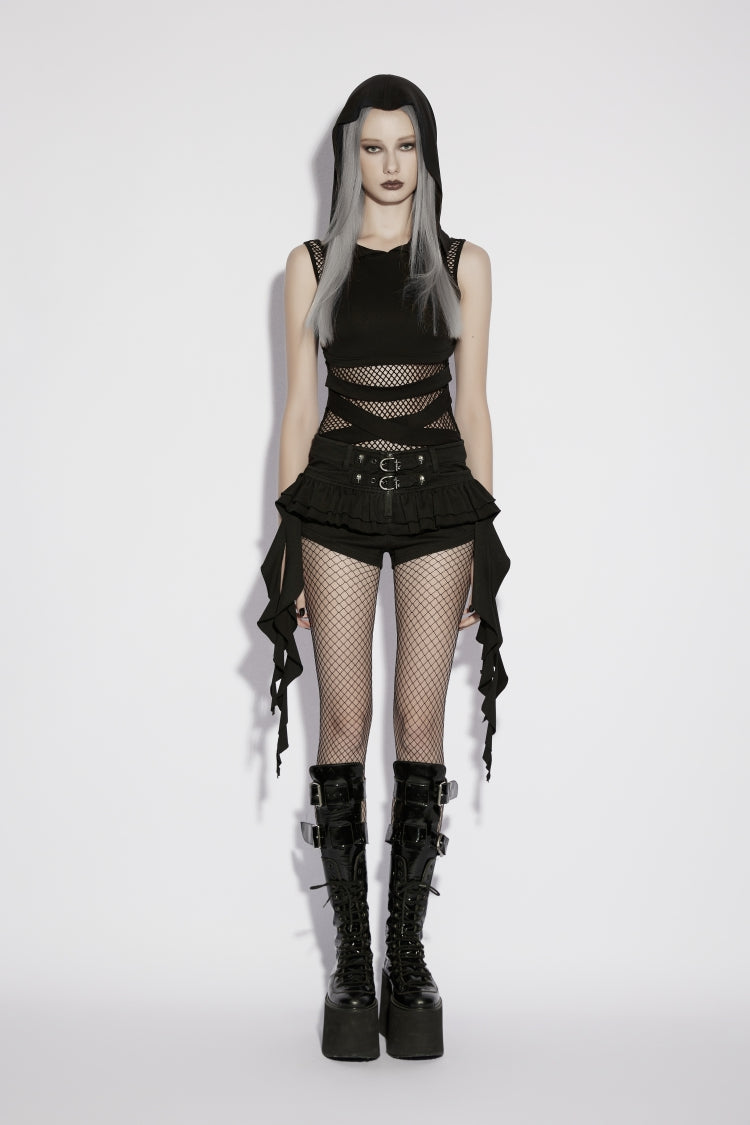 Black Sleeveless Spliced Slim Mesh Eyelet Women's Punk Cool Hooded Vest - Product - 2