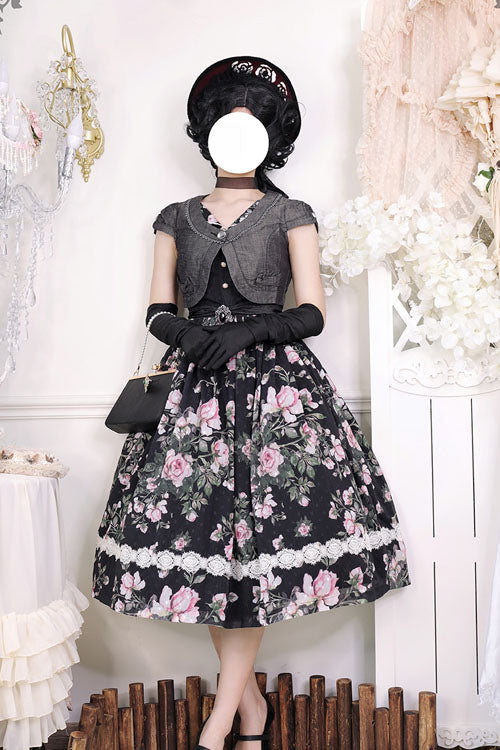 Black Elegant Vintage French Rose Floral Print V Collar Sleeveless Ruffled Classic Lolita JSK Dress - Product - 3