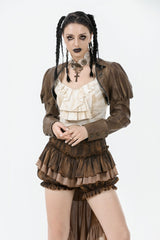 Brown Long Puff Sleeves Zippered Metal-Accented Women's Steampunk Vintage Wrap - Product - 5