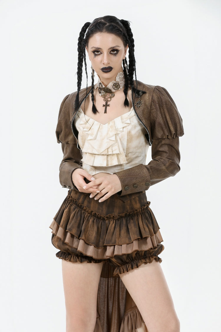 Brown Long Puff Sleeves Zippered Metal-Accented Women's Steampunk Vintage Wrap - Product - 5