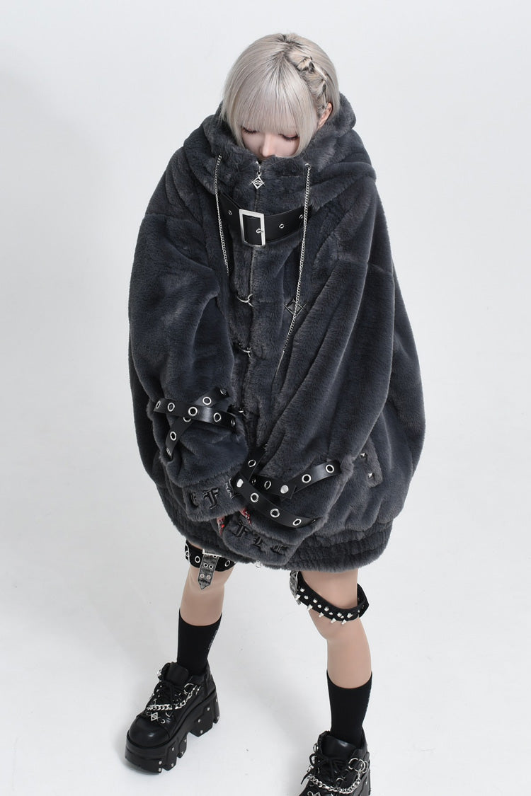 Jirai Kei Long Sleeves Hooded Zipper Punk Japanese Coat With Cross Leather Buckles 2 Colors - Product - 7
