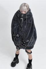 Jirai Kei Long Sleeves Hooded Zipper Punk Japanese Coat With Cross Leather Buckles 2 Colors - Product - 7