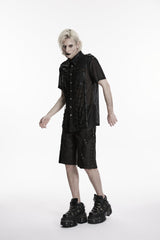 Black Lapel Collar Short Sleeves Spliced Lace-Up Sheer Mesh Eyelet Men's Punk Handsome Shirt - Product - 4