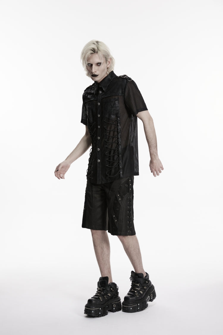 Black Lapel Collar Short Sleeves Spliced Lace-Up Sheer Mesh Eyelet Men's Punk Handsome Shirt - Product - 4