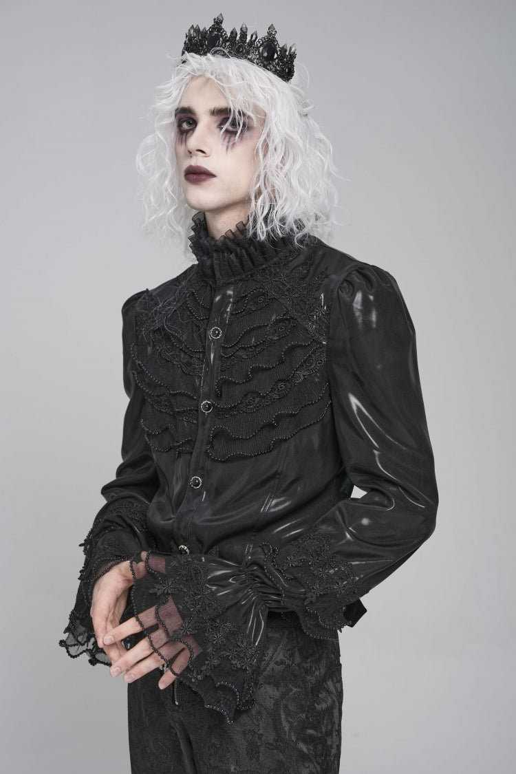 Black Stand Collar Long Puff Sleeves Embroidery Stitching Lace Men's Gothic Blouse - Product - 5