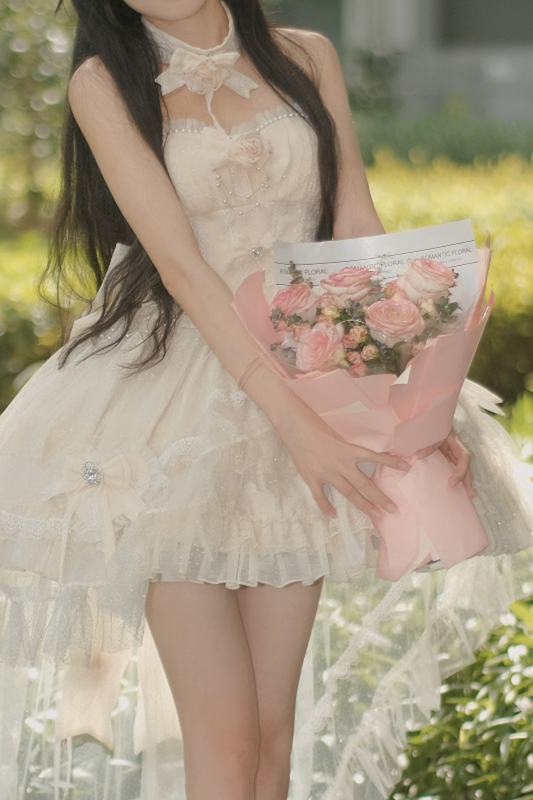 Ivory Galaxy Flower Language Multi-Layered Ruffle Bowknot Sweet Lolita Tube Top Dress - Product - 5