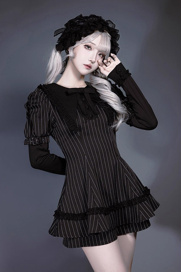 Black Long Sleeves Vertical Stripe Print Ruffle Bowknot Jirai Kei Japanese Witch Set - Black - 1
