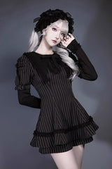 Black Long Sleeves Vertical Stripe Print Ruffle Bowknot Jirai Kei Japanese Witch Set - Black - 1
