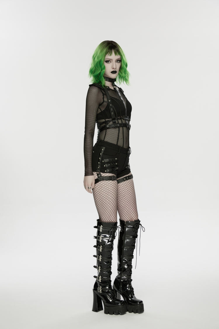 Black  Studded Women's Punk Shorts with Detachable Leg Harnesses - Product - 10