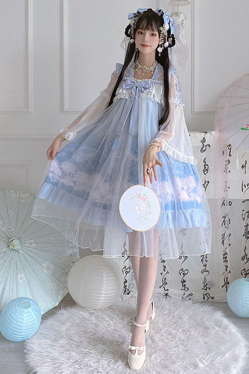 Blue Marine Jellyfish Print Bowknot Long Sleeves Ruffled Chinese Style Sweet Lolita Dress - Product - 7