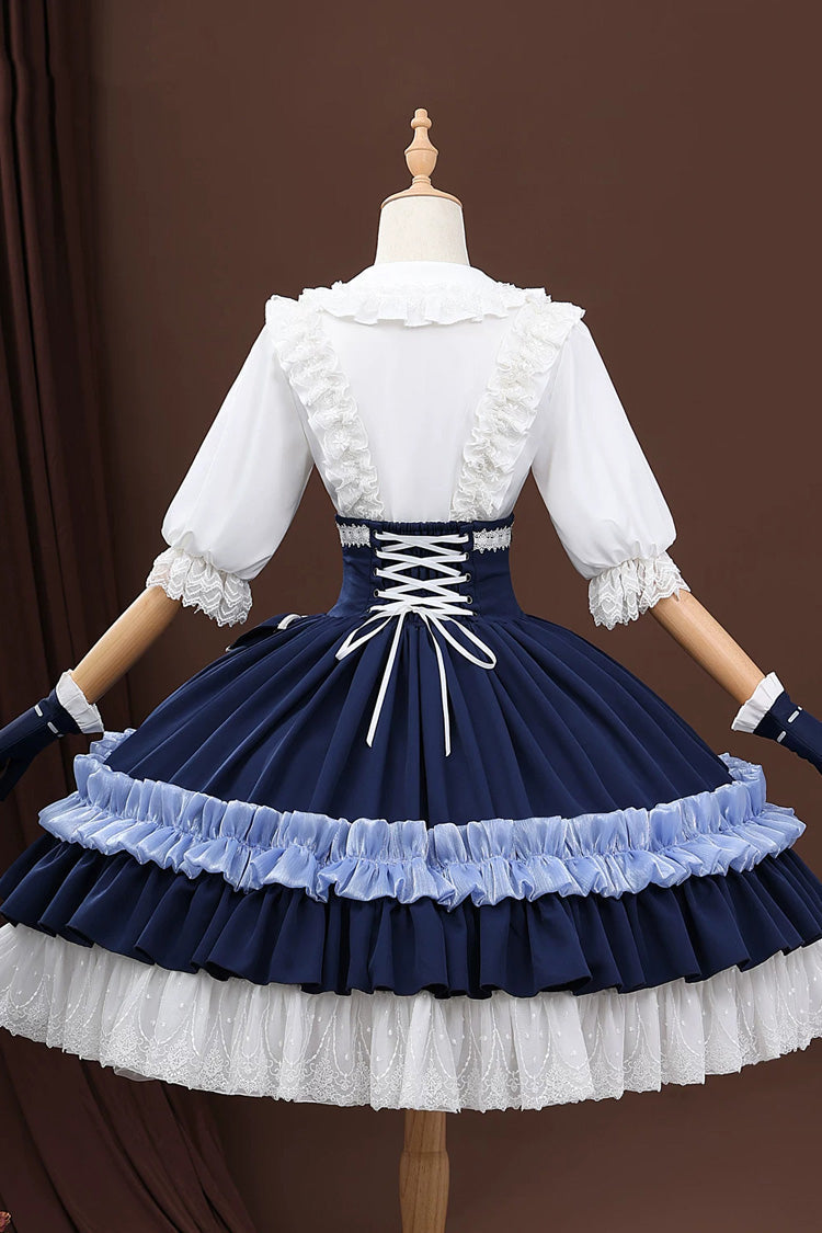 White/Blue [Identity V Gardener Inspired Dreamy] Half Sleeves Multi-Layered Ruffled Bow Classic Chinese Inspired Lolita Skirt Set - Product - 3