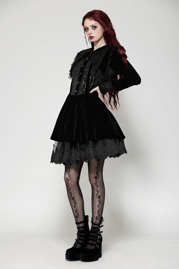 Black Long Sleeves Lace Women's Gothic Velvet Short Dress - Product - 2