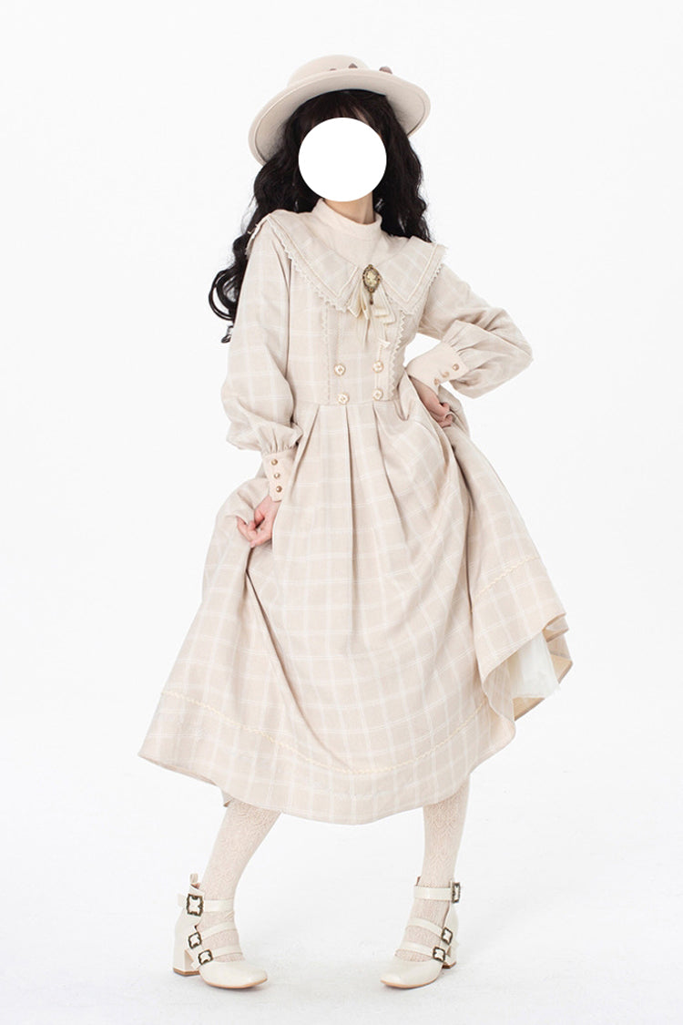 Apricot [Fontainebleau] Long Sleeves Plaid Print Bowknot Elegant Sweet Lolita Dress - Product - 6