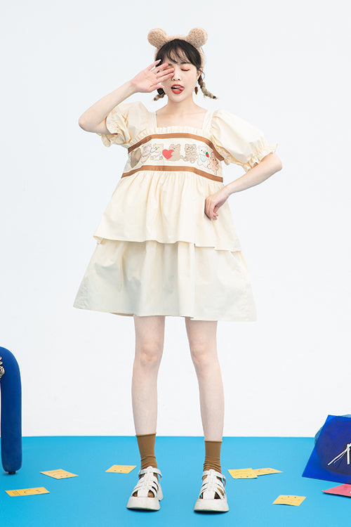 Beige Vintage Square Collar Ruffled Short Sleeves Cartoon Bear Print High Waisted Sweet Lolita Dress - Product - 2