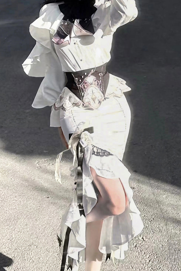 White [Star Gate] Jacquard Embroidery Bowknot Irregular Sweet Elegant Princess Lolita Skirt - Product - 16