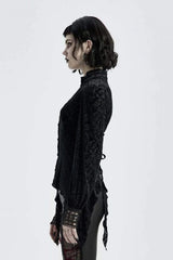 Black High Collar Long Sleeves Floral Print Hollow Stitching Irregular Hem Womens Gothic Blouse - Product - 2